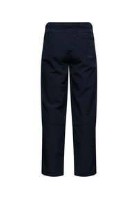 Czarne spodnie o prostych nogawkach z wszytymi łatami na kolanach i tylną prawą kieszenią z małym nadrukowanym kodem "B-583".