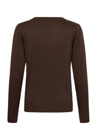 Pull en maille à manches longues de couleur marron foncé avec ourlet, poignets et encolure côtelés, vu de dos sur fond blanc.