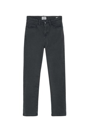Vaqueros negros de corte ajustado con botón frontal, cierre de cremallera y diseño de cinco bolsillos, colocados planos sobre fondo blanco.