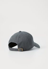 Gray cotton baseball cap, unstructured design, adjustable strap with gold metal hardware, and a slightly curved visor.