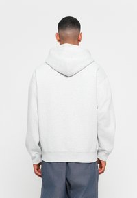 Grey hooded sweatshirt with a relaxed fit, featuring a large hood, dropped shoulders, and ribbed cuffs. Back view displays a smooth texture.