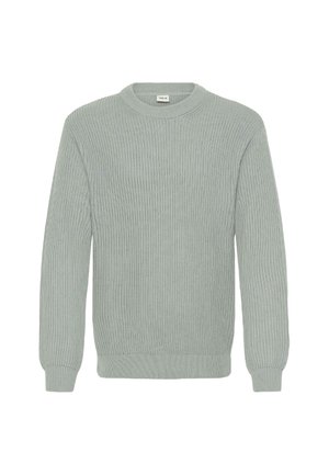 Light green ribbed crewneck sweater with long sleeves, featuring knit texture and a straight hem. No visible patterns or accents.