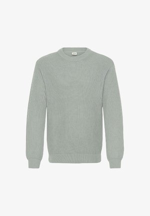 Világoszöld, bordás anyagú, hosszú ujjú, kerek nyakú pulóver, kötött textúrával és egyenes szegéllyel. Nincs látható minta vagy díszítés.