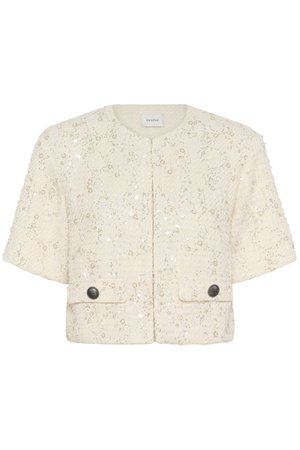 Elefántcsont színű, rövid ujjú, rövidített dzseki kerek nyakkivágással, flitterekkel díszítve és két első zsebbel, amelyek fém gombokkal záródnak.