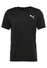 Camiseta negra de manga corta hecha de tejido ligero, con un pequeño logo blanco de Puma en el pecho, cuello redondo y textura suave.
