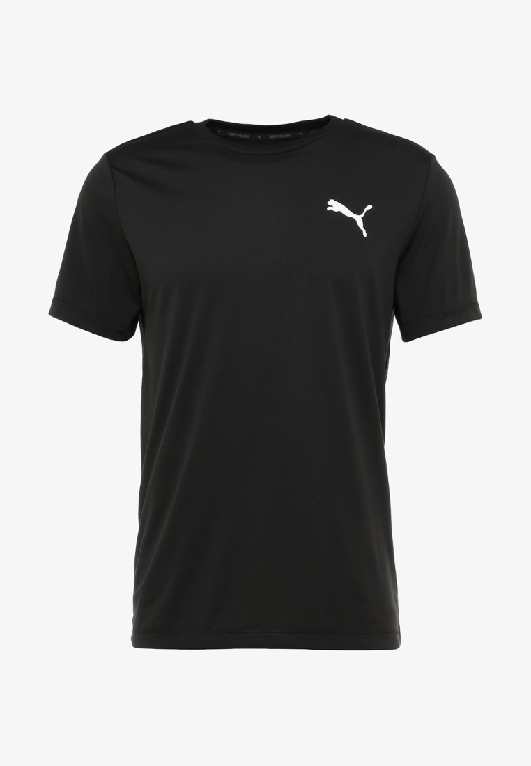 Camiseta negra de manga corta hecha de tejido ligero, con un pequeño logo blanco de Puma en el pecho, cuello redondo y textura suave.
