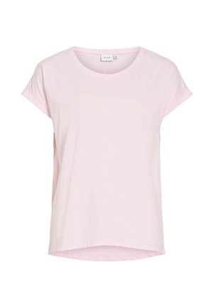 Hellrosa T-Shirt mit kurzen Ärmeln, rundem Ausschnitt und abgerundetem Saum. Hergestellt aus weichem Stoff, mit schlichtem Design ohne Muster.