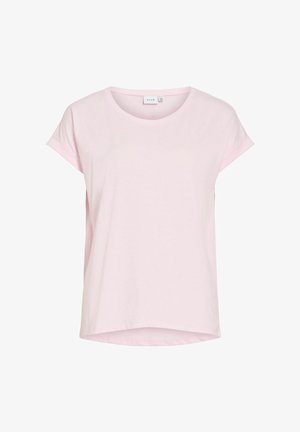 hele roosa lühikeste varrukatega T-särk, ümmarguse kaelusega ja kõverdatud äärega. Valmistatud pehmest kangast, ilma mustriteta lihtsa disainiga.