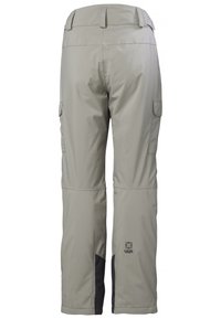 Helle graue Cargo-Hosen mit geradem Bein, seitlichen Taschen und schwarzen Akzenten am Saum. Hergestellt aus einem glatten, strapazierfähigen Material.