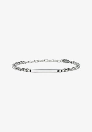 Bracciale in argento caratterizzato da una combinazione di una piastra metallica liscia e una catena di anelli arrotondati, con un piccolo accent del colore nero vicino alla chiusura.