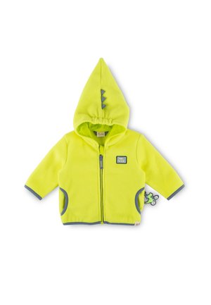 Grün-gelbe Fleecejacke mit spitzem Kapuzen, grauen Akzenten, Reißverschluss und seitlichen Taschen; mit einem Dinosaurier-Motiv am Reißverschluss.