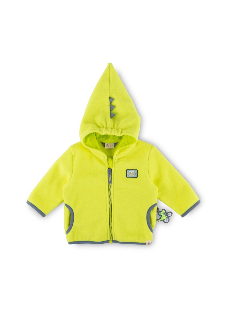 Green-yellow fleece jacket with a pointed hood, gray accents, zip closure, and side pockets; features a dinosaur motif on the zipper pull.