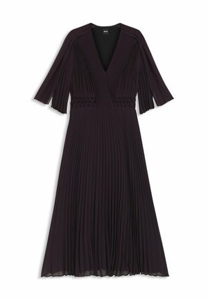 Zwarte geplooide midi-jurk met V-hals, 3/4 wijde mouwen en smock taille detail.