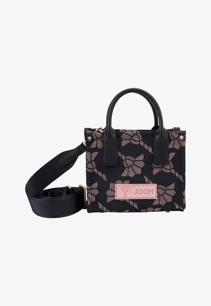 Sac à main à motif floral noir et rose avec deux poignées, bandoulière réglable et écusson du logo "JOOP!" à l'avant.