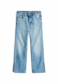 Jeans in denim azzurro chiaro con design a gamba dritta, scoloriture visibili e aperture laterali all'orlo. Stile classico a cinque tasche.