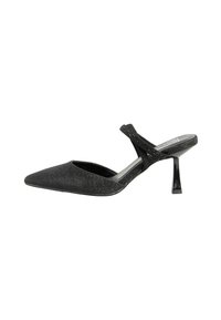 Fekete slingback sarokcipő, hegyes orral, csillog�ó szövetből készült, vékony pánttal és tűsarokkal.