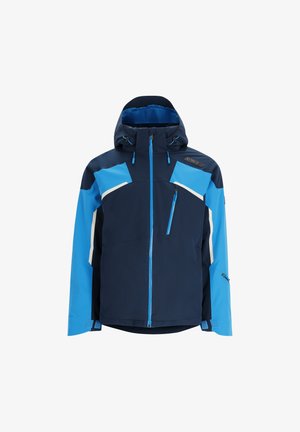 Herren Kapuzenjacke mit einem navyblauen Körper, leuchtend blauen und weißen Akzenten, drei Reißverschlusstaschen und einer strukturierten, wasserdichten Außenseite.