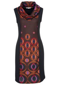 Robe sans manches en tissu texturé noir avec un devant coloré et à motifs présentant des dessins circulaires orange, violet et rose. Encolure foulard.