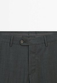 Gray tailored trousers with a smooth texture, featuring a front button closure, belt loops, and side pockets.