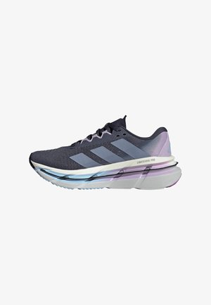 Chaussure de course présentant une tige en mesh respirant bleu marine foncé, des accents violets clairs, trois bandes latérales et une semelle rembourrée superposée avec un design en dégradé.