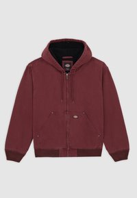 Mørkerød zip-up hoodie med snore, frontlommer, ribbede mansjetter og kant, samt en sort inderside.