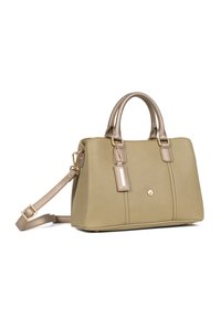 Borsa a mano in pelle verde oliva con hardware dorato metallico, manici superiori e tracolla staccabile. Presenta una finitura testurizzata e dettagli con etichetta.