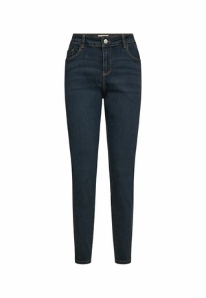 Sötétkék, magas derekú, slim fit farmernadrág, varrási részletekkel. Elöl gombos záródással és öt zsebes kialakítással rendelkezik.