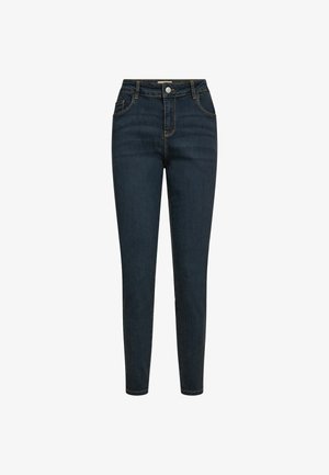 Mørkeblå jeans med høj talje, slank pasform og syning detaljer. Har en frontknaplukning og fem-lomme design.