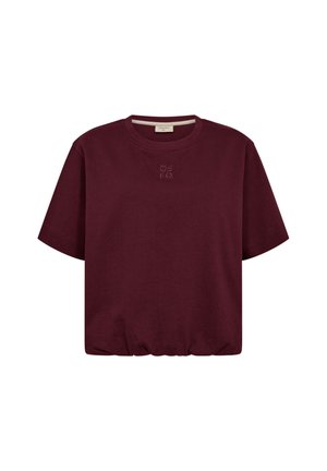 Donker bordeaux kortärmelig cropped T-shirt met ronde hals en subtiel bijpassend logo op de borst.