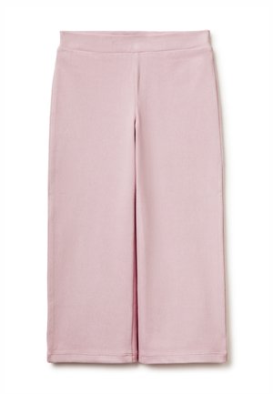 Pantaloni a gamba dritta, lunghezza alla caviglia, in tessuto rosa chiaro con vita liscia e orli cuciti puliti.
