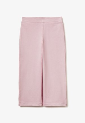 Pantalones de corte recto hasta el tobillo en tejido rosa claro con cinturilla lisa y dobladillos cosidos de forma impecable.