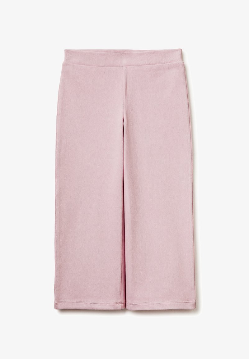 Pantalones de corte recto hasta el tobillo en tejido rosa claro con cinturilla lisa y dobladillos cosidos de forma impecable.