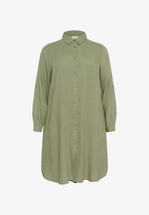Robe chemise olive en tissu léger, avec des manches longues, un col et un ourlet arrondi avec des détails de boutons.