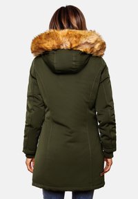 Olive green padded coat with a faux fur collar and hood. Features vertical seams and elastic cuffs. Back view shows a smooth, textured finish.