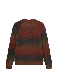 Gebreide trui met een gradientpatroon in warme aardetinten, met een geribbelde kraag en manchetten. Het ontwerp heeft een ontspannen pasvorm en raglanmouwen.