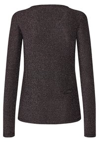 Långärmad topp i mörk metallisk tyg med subtil glans, rund halsringning, figurnära passform och slät yta, utan synlig hårdvara eller detaljer.