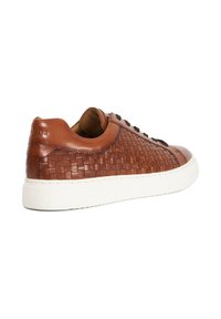 Brown leather sneakers featuring a woven design, round toe, black laces, and a white rubber sole with textured detailing.