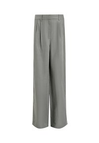 Pantalon gris clair coupe droite avec passants de ceinture, plis à la taille et fermeture frontale dissimulée.