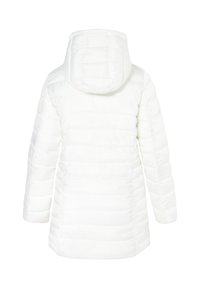 Giacca a vento bianca con cappuccio, caratterizzata da una texture trapuntata, maniche lunghe e una linea dritta, progettata per calore e comfort.