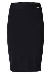 Schwarzer Bleistiftrock aus dehnbarem Material, taillierte Passform, glatte Textur, mit breitem Bund und einem kleinen metallischen Logo-Highlight.