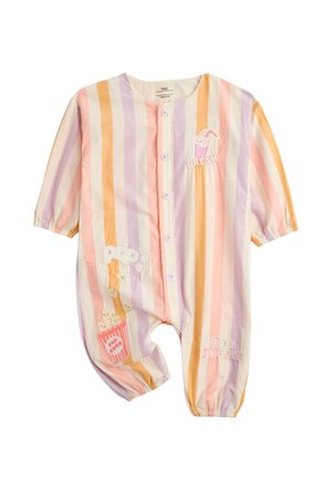 Babystrampler mit pastellfarbenen vertikalen Streifen, Knopfleiste vorne, Cartoon-Aufnähern mit Popcorn und Getränk sowie elastischen Bündchen an Ärmeln und Beinen.