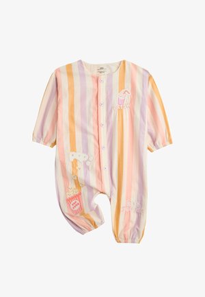 Baby romper met pastelkleurige verticale strepen, knoopsluiting aan de voorkant, cartoon applicaties van popcorn en drankje, en elastische boorden aan mouwen en broekspijpen.