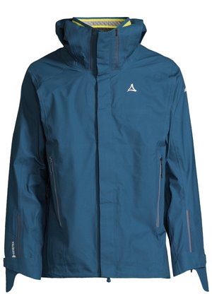 Chaqueta impermeable en color turquesa con capucha, dos bolsillos frontales con cremallera y detalles en gris. Fabricada con un material texturizado, que presenta un patrón sutil.