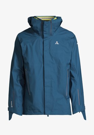 Chaqueta impermeable en color turquesa con capucha, dos bolsillos frontales con cremallera y detalles en gris. Fabricada con un material texturizado, que presenta un patrón sutil.