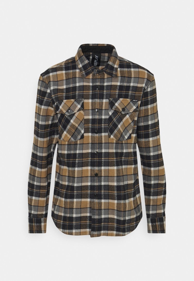 Camicia a maniche lunghe con bottoni, con un motivo a quadri marroni, neri, grigi e bianchi, due tasche anteriori con pattina e colletto.