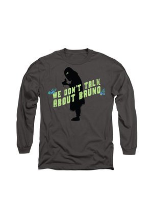 Langärmliges, dunkelgraues Shirt mit einer schwarzen Silhouette und grünem Text "WIR REDEN NICHT ÜBER BRUNO", verziert mit Pflanzenmotiven. Aus Baumwollstoff.