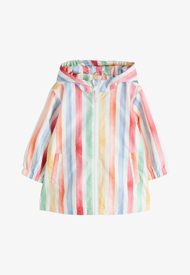 Spalvinga dryžuota lietaus striukė su kapišonu, užtrauktuku ir dviem priekinėmis kišenėmis. Pagaminta iš lengvos medžiagos su elastiniais rankogaliais.