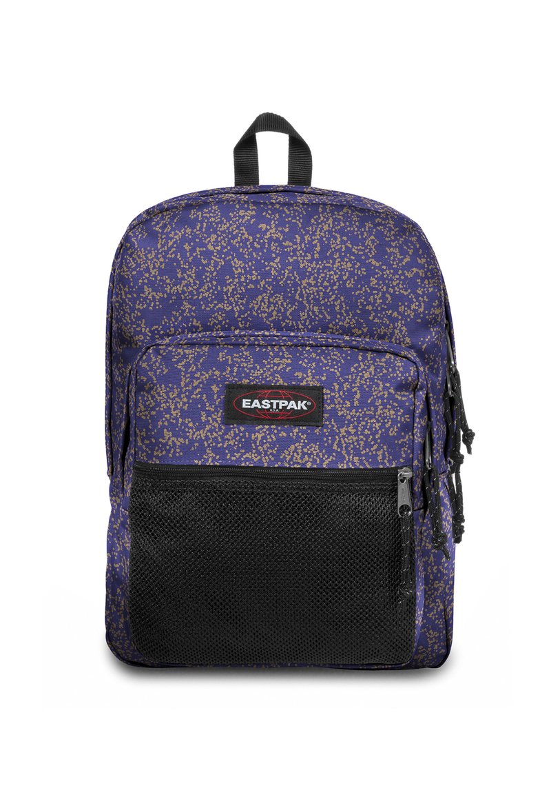 Zaino navy con un motivo testurizzato di macchie dorate, dotato di una tasca frontale in rete nera e due scomparti con zip.