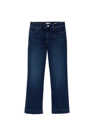 Mørkeblå denimjeans med lige ben, for- og baglommer, knaplukning og minimal falmning på lårene.