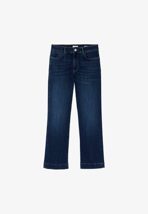 Jeans en denim bleu foncé à jambe droite avec poches avant et arrière, fermeture par bouton, et légère décoloration au niveau des cuisses.